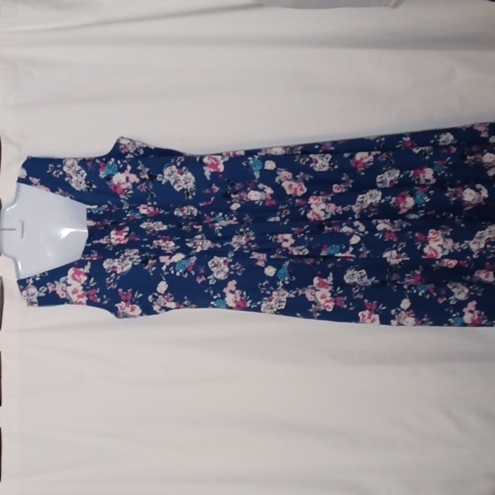 KORET Women's Blue Button Front Round Neck Sleeveless Midi Floral Dress. Size L - Picture 6 of 14